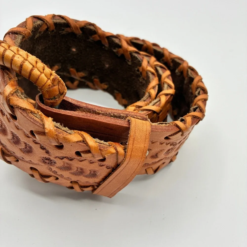 Vintage Hand Tooled Leather Belt Mens 38 Tan Whipstitch Western Boho Cutout